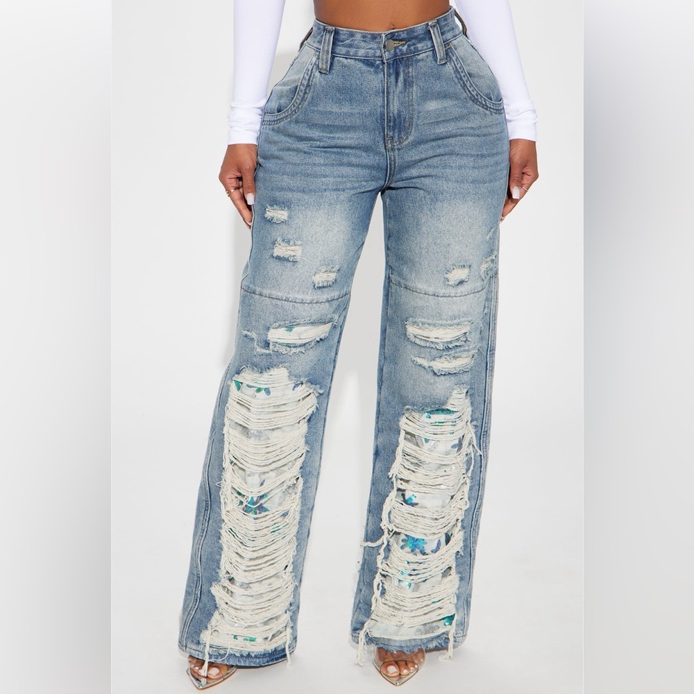 Distressed Blue Wide Leg Jeans